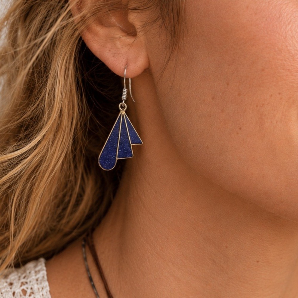 Lapis‎ Gemstone Tibetan Handmade Dangle  Earrings Boho Artisan Southwestern New